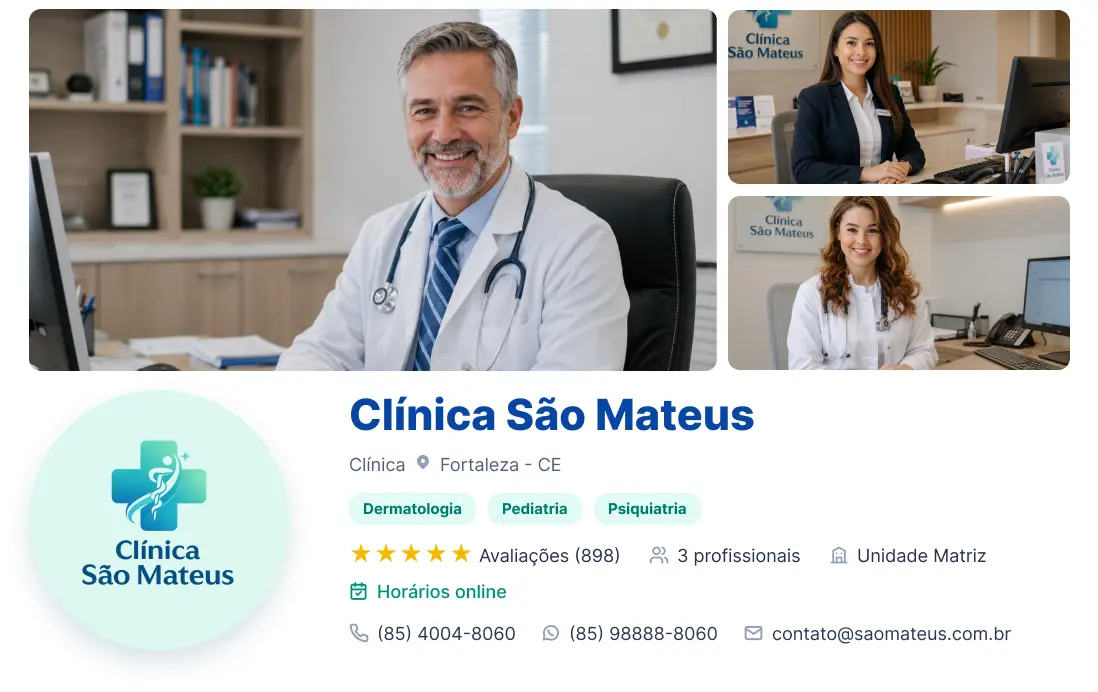 Exemplo de perfil público de clínica no Liftmed com especialidades, profissionais, unidade, contatos e horários online